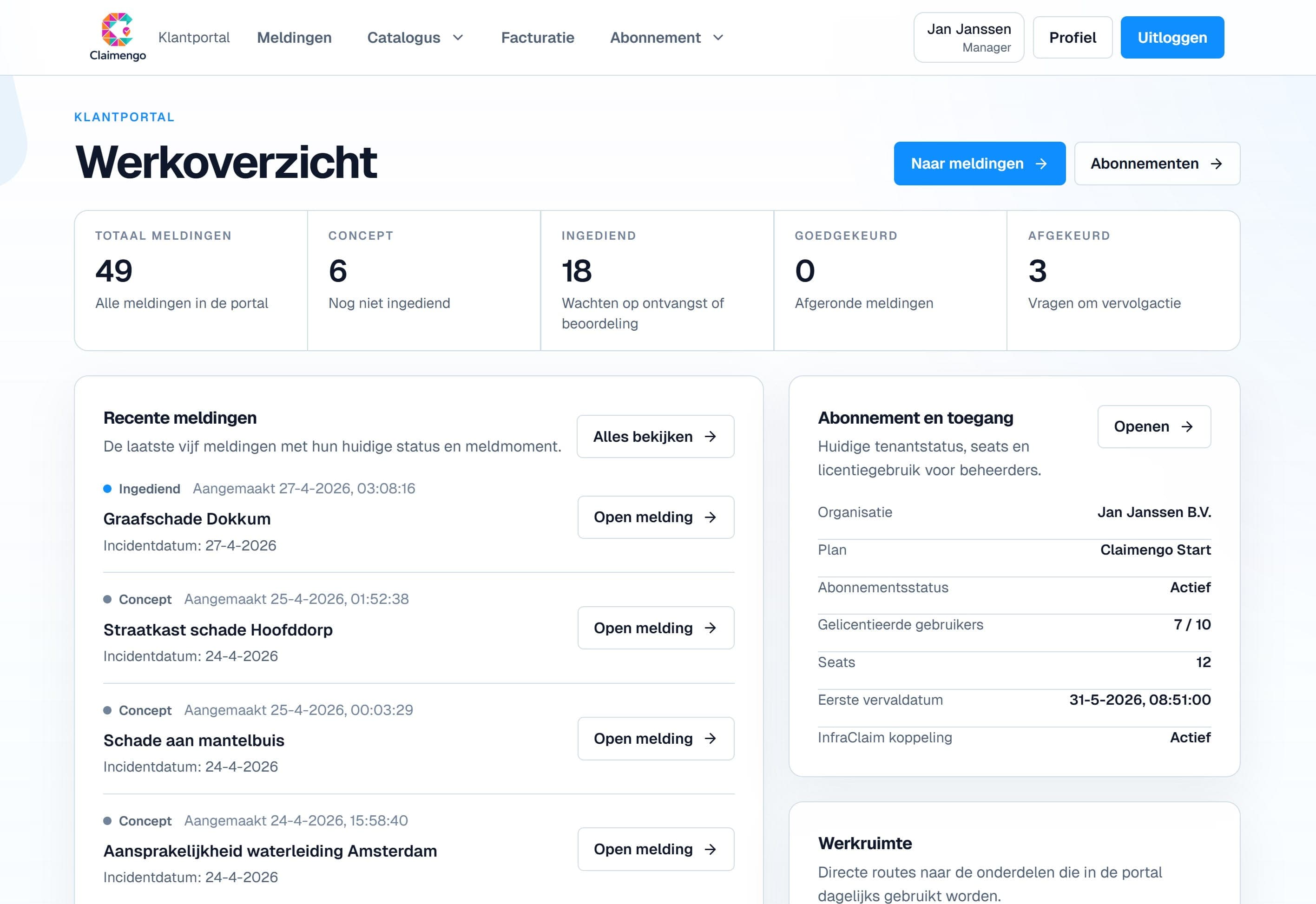 Claimengo dashboard met werkoverzicht