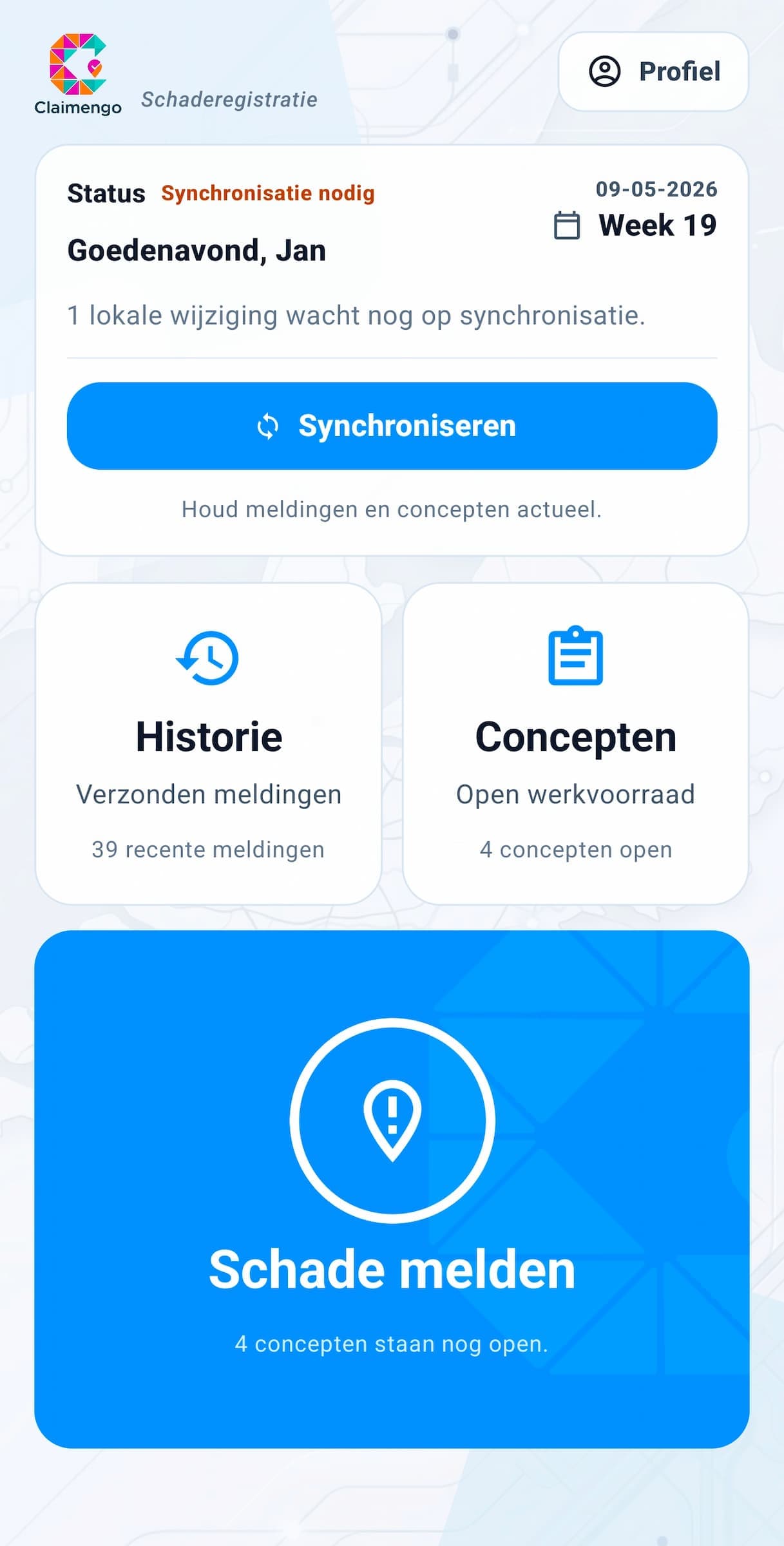 Claimengo mobiele app startscherm